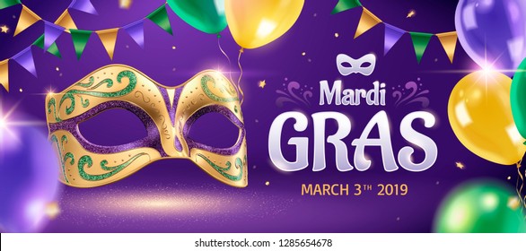 Mardi gras banner with golden mask and balloons in 3d illustration, party background