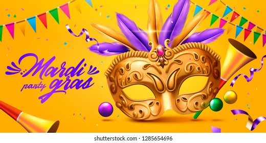 Mardi gras banner with golden mask and party horn in 3d illustration