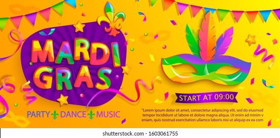 Mardi gras banner with invitation for party.Traditional mask with feathers,flags and confetti for carnaval,festival,masquersdeparade.Template for design posters, greetings,placards.Vector illustration