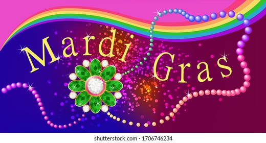 Mardi Gras banner on a blue purple background with a fireworks display of sparkling spray and rainbow beads with a sparkling diamond brooch