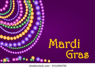 Mardi Gras Banner mit glänzenden Perlen auf traditionellem violettem Hintergrund. Mardi Gras Poster mit gelben, grünen, violetten Perlen. Urlaubsposter oder Plakatvorlage mit Kopienraum. Vektorgrafik