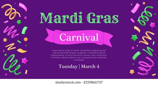 Mardi Gras banner template with 3d confetti. Frame of stars, ribbons, tinsel and dots. Firecracker border. Carnival background. Vector party illustration. Event flyer, festival cover.