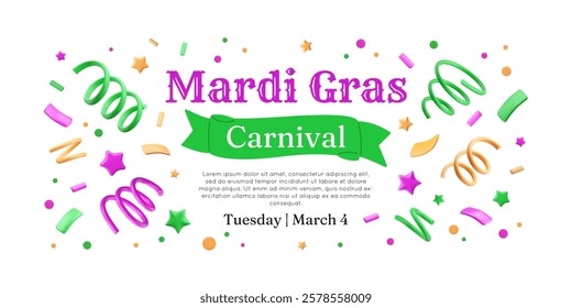 Mardi Gras banner template with 3d confetti. Party popper frame. Plastic squiggles, ribbons and stars in purple, yellow and green colors. Carnival background. Vector festival illustration.