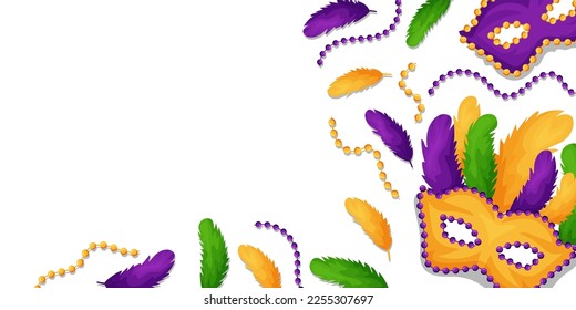 mardi gras. Banner template for advertising, web design, sites, applications, with beads, carnival mask and feathers, for packaging, printing. Vector illustration