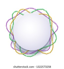 Mardi Gras banner template with decorative colorful beads frame, vector illustration