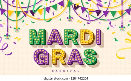 Mardi Gras banner with typography design. Vector illustration with retro light bulbs font, streamers, confetti and hanging garlands.