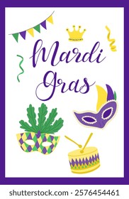 Mardi Gras banner with vibrant masks, a drum, bunting, streamers, and a crown, with bold Mardi Gras text on white background bordered in purple.