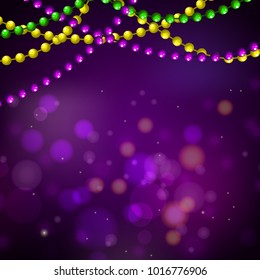 Mardi gras beads und Bokeh-Vektorillustration violetter Hintergrund Vorlage.