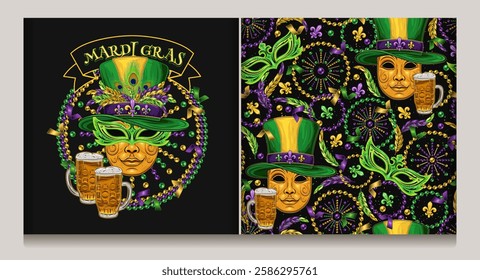 Mardi Gras beaded circular green label with golden venetian mask in top hat, glass of beer, flying confetti, text. Seamless pattern with mask, scattered fleur de lis, strings of beads, confetti.