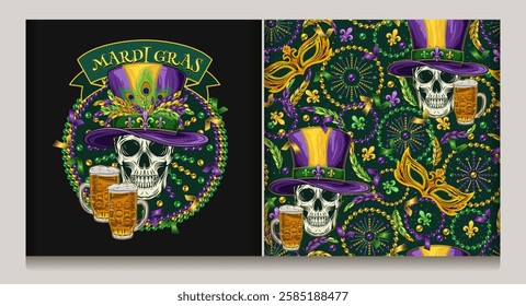 Mardi Gras beaded circular label with skull in top hat, beer, flying confetti, text in ribbon. Seamless pattern with skull, scattered fleur de lis, strings of beads, confetti. Vintage style