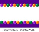 Mardi Gras Beads Background. Festive Rectangle Frame. Green, yeellow and purple colors beads. Mardi gras traditional background