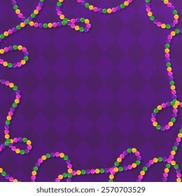 Mardi Gras Beads Background. Festive Square Frame with Space for Text.