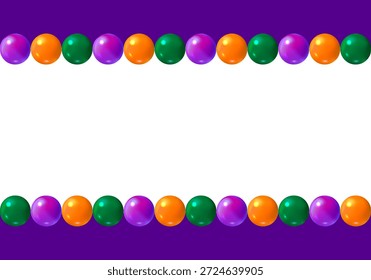 Mardi Gras Beads Background. Festive Rectangle Frame. Green, yeellow and purple colors beads. Mardi gras traditional background