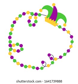 Mardi Gras beads background in traditional colors for holiday with place for text. Vector illustration isolated on white