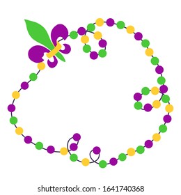 Mardi Gras beads background in traditional colors for holiday with place for text. Vector illustration isolated on white