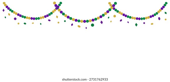 Mardi Gras Beads Border with Confetti, Festive Carnival Banner in Purple Green Gold Colors