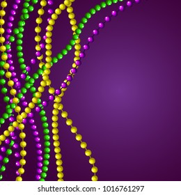 Mardi gras beads card vector purple background template with copy space.