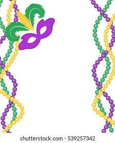 Mardi Gras beads colored frame with a mask, isolated on white background. Mardi Gras template poster. Vector illustration