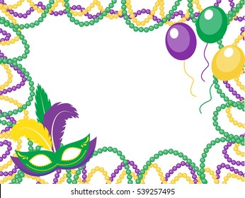 Mardi Gras beads colored frame with a mask and balloons, isolated on white background. Vector illustration