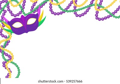 Mardi Gras beads colored frame with a mask, isolated on white background. Vector illustration