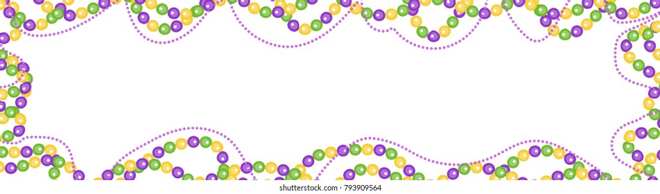 Mardi Gras beads colored frame, isolated on white background. Horizontal banner, border. Template for your design. Vector illustration