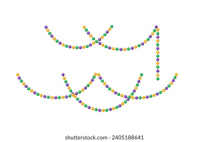 Mardi Gras beads decoration. Festive pearl ball chain garland. Isolated vector illustration set. Decorative design element.