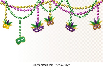 mardi gras with beads and a hanging mask. isolated on transparent background