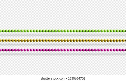 Mardi Gras beads isolated on transparent background in traditional colors purple, gold and green. Fat Tuesday decoration element. Vector illustration garland
