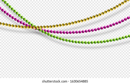 Mardi Gras beads isolated on transparent background in traditional colors purple, gold and green. Fat Tuesday decoration element. Vector illustration garland