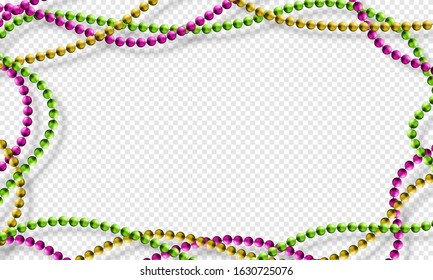 Mardi Gras beads isolated on transparent background in traditional colors purple, gold and green. Fat Tuesday decoration element. Vector illustration garland