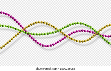 Mardi Gras beads isolated on transparent background in traditional colors purple, gold and green. Fat Tuesday decoration element. Vector illustration garland