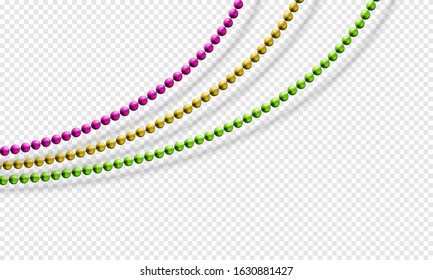 Mardi Gras beads isolated on transparent background in traditional colors purple, gold and green. Fat Tuesday decoration element. Vector illustration garland