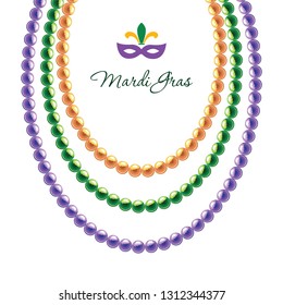 Mardi Gras beads necklace decorative frame template isolated on white. Fat tuesday carnival. Vector illustration
