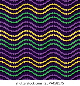 Mardi Gras beads seamless pattern, yellow, green, purple bead waves on a dark background, vector illustration for wrapping paper, party decoration fabric and gift boxes design