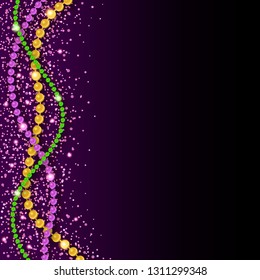 Mardi gras beads with shining confetti on a dark purple background. Eps 10