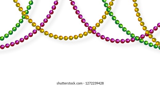 Mardi Gras beads in traditional colors. Decorative glossy realistic elements. Isolated on white background.Vector illustration