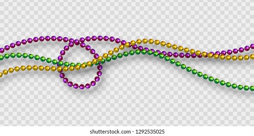 Mardi Gras beads in traditional colors. Decorative glossy realistic elements. Isolated on transparent background.Vector illustration