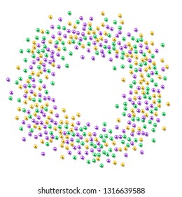Mardi Gras beads in traditional colors, gold, purple, green, isolated on white, decorative background template, vector illustration