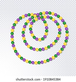 Mardi Gras. Beautiful yellow, green, purple beads on transparent background. Venetian carnival mardi gras party. Multicolored beads with shadow. Ideal for greeting card, poster, web template. Vector