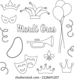 Mardi Gras black outline vector stamps