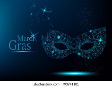 Mardi Gras blaue polygonale Karnevalmaske mit Licht für Poster, Grußkarte, Partyeinladung, Banner oder Flyer auf dunkelblauem Hintergrund. Vektorgrafik.