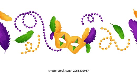 mardi gras. border, ornament with beads, carnival mask and feathers, for packaging, printing. Vector illustration