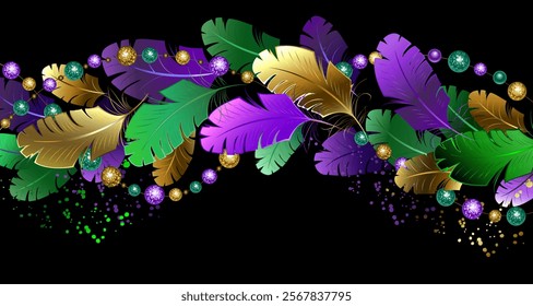 Mardi gras border of yellow, purple, green bright feathers and shiny beads on black background. Mardi gras design.