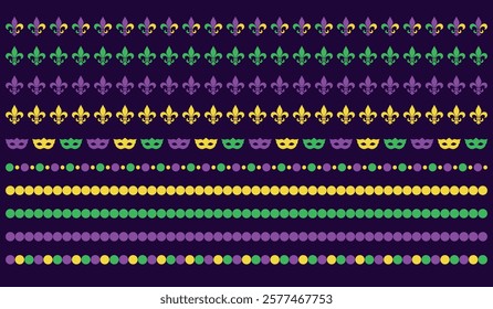 Mardi Gras borders collection, colorful beads, carnival mask, fleur de lis, party decorative horizontal design elements, vector dividers