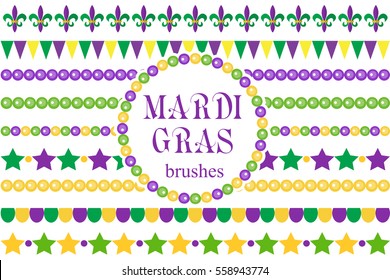 Mardi Gras borders set . Cute beads, fleur de lis ornaments, garland. Isolated on white background. Vector illustration