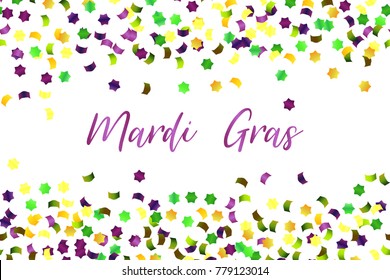 Mardi Gras bright colorful falling confetti with space for text. Carnaval, festival vector card with green, yellow, purple elements.