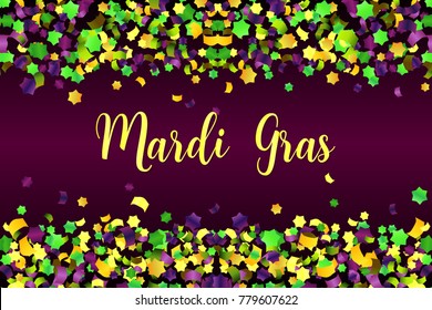 Mardi Gras bright colorful falling confetti with space for text. Carnaval, festival vector card with green, yellow, purple elements.