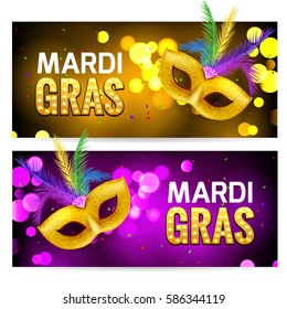 Mardi Gras brochure banner design. Golden fat tuesday symbols and letters. Greeting card with mask carnival. Holiday mardi gras party flyer.