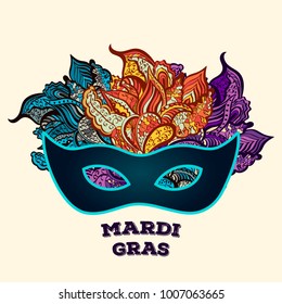 Mardi gras brochure. Carnival fat tuesday mask. Greeting card with on traditional colors