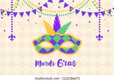 Mardi gras brochure. Carnival party banner design. Vector illustration with retro light bulbs font, streamers, confetti and hanging garlands.